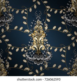 Flat hand drawn vintage collection. Backdrop, fabric, gold wallpaper. Golden pattern on blue, white and green colors with golden elements. Vector golden ornamental pattern.