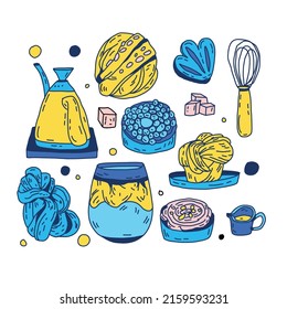 Flat hand drawn vintage set of bakery, desserts and other pastries. Cold coffee and teapot. Colorful cafe vector illustration.