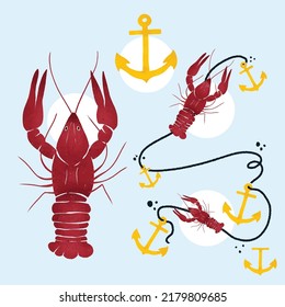 Flat hand drawn watercolor style lobster or crayfish anchor, marine illustration