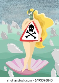 Flat Hand Drawn Woman In Gas Mask And Polluted Water. Female Portrait In The Birth Of Venus Style. Ecological Problem Illustration.