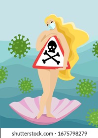 Flat hand drawn woman in medical mask and bacteria. Female portrait in The Birth of Venus style. Coronavirus concept illustration.