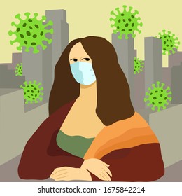 Flat hand drawn woman in medical mask and bacteria. Female portrait in Mona Lisa style. Coronavirus concept illustration.