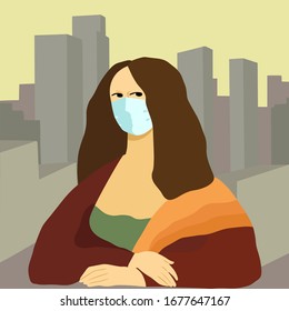 Flat hand drawn woman in medical mask. Female portrait in Mona Lisa style. Coronavirus concept illustration.