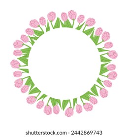 Flat hand drawn wreath made of tulips. Vector illustration isolated on white background. Spring nature concept. Ideal for as template for greetings, banner and background
