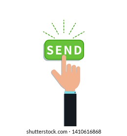 Flat hand forefinger push on green send button isolated on white background. Design element for online payment app, shopping,  retail e-commerce, money transfer