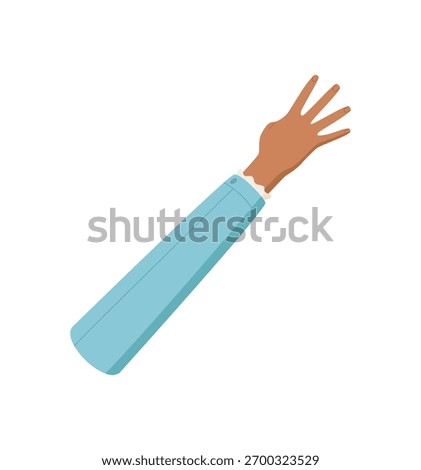 Flat hand gesture with four fingers up. Palm with sleeve expressing number four in black skin tone. Hand gesture for counting or math education, isolated regular style.