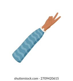 Gesto de mano plana que muestra el número dos. Mano levantada con dos dedos hacia arriba, cuenta la pose y una palma visible en un formato estilizado. Brazo marrón con manga, simple y aislado en blanco.