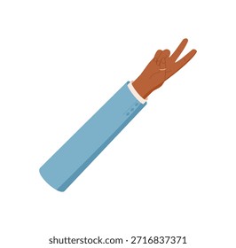 Flat hand gesture showing number two. Black hand with two fingers, signal 2 for counting or math. Isolated design with clothed arm and sleeve, professional graphic icon for education.