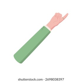Flat hand gesture showing raised finger to indicate the number one. Human hand in signal pose with green sleeve. Iconic design for count, math, or educational purposes.