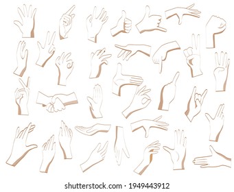 Flat hand gestures. Flat hands in different positions on a white background. Pointing hands, gesturing communication language, palm gesture designation. Vector illustration.