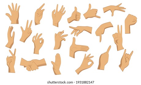 Flat hand gestures. Male flat hands in different positions on a white background. Pointing hands, gesturing communication language, palm gesture designation.  Vector illustration.