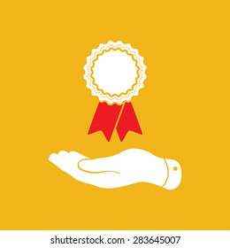 flat hand giving badge with red ribbons icon - vector illustration