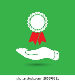 flat hand giving badge with red ribbons icon - vector illustration