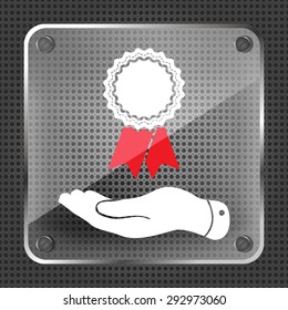 flat hand giving badge with red ribbons icon on metallic background- vector illustration