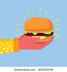 Flat hand mit Hamburger im Cartoon-Stil. Vektor EPS10