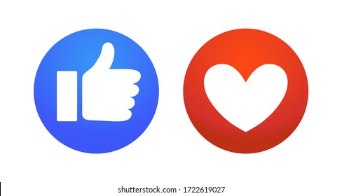 Flat hand and heart, signs of reaction in social networks. Dislike and emoticon, round blue symbol thumbs up, red icon with heart, love and like. Vector illustration