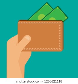 Flat Hand holding brown wallet money vector.