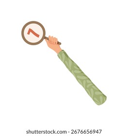 Flat hand holding a circular seven rating symbol. Arm showing feedback and rate evaluation with a satisfaction star and vote. Review quality concept, isolated circle element, business theme.