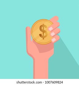 Flat hand holding coin with blue background vector illustration.Trading online concept.