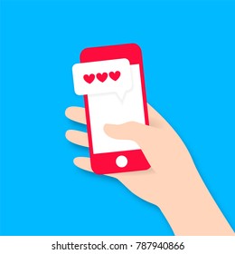 Flat hand holding colored mobile smartphone Valentines day illustration keep message, sms, chat. Vector web app icon. Infographics. Wireless technologies. Trending gadget shadow isolated background.
