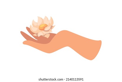 flat hand holding a flower over white