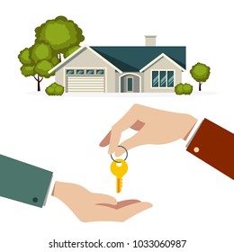 Flat hand holding house key background. Vector illustration flat design.