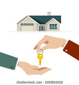 Flat hand holding house key background. Vector illustration flat design.