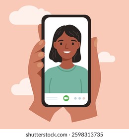 Flat Hand Holding Phone while Video Call with Friend, Illustration Vector