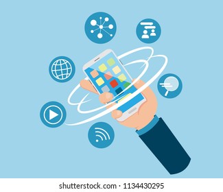 Flat Hand Holding Smartphone Digital Media Concept