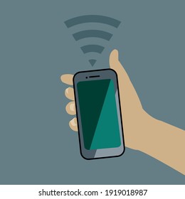 Flat hand holding smartphone with wifi or wireless connection symbol. Vector illustration.