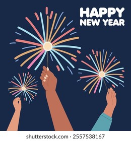 flat hand holding sparkle fireworks hand fireworks new year illustration.