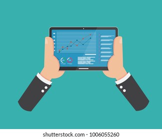 Flat Hand Holding Tablet And Show Graph Information on Screen. isolate from background