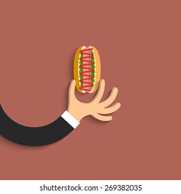 Flat hand with hot dog in cartoon style. Vector EPS10