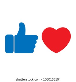 Flat Hand Like Social Network Icon With Red Heart. Facebook Icon