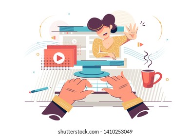 Flat hand man watching video content with young woman in website. Concept person character with modern computer screen and cup of coffee, online relationship. Vector illustration.