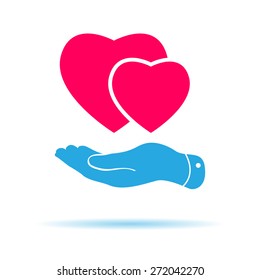 flat hand with pink hearts icon - vector illustration