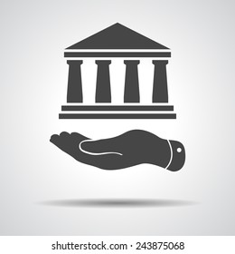 flat hand presenting bank architecture icon