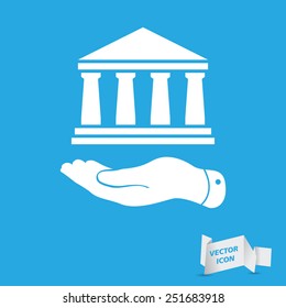 flat hand presenting bank architecture icon