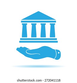 flat hand presenting bank architecture icon