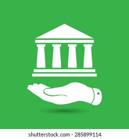flat hand presenting bank architecture icon