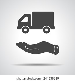 flat hand presenting delivery truck icon