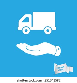 flat hand presenting delivery truck icon