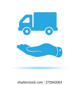 flat hand presenting delivery truck icon