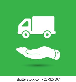 flat hand presenting delivery truck icon