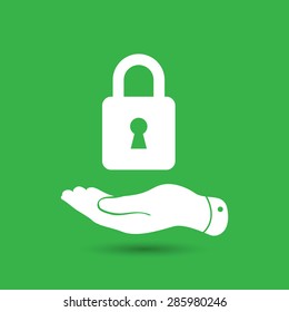 flat hand presenting lock icon on the green background