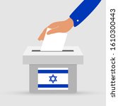  Flat hand putting vote bulletin into ballot box with flag icon. Election concept in Israel