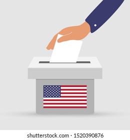  Flat hand putting vote bulletin into ballot box with flag icon. Election concept in USA