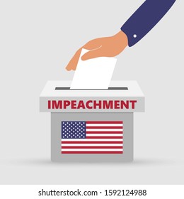  Flat hand putting vote bulletin into election box with flag icon. Impeachment  concept in USA