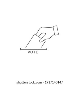 Flat hand putting vote bulletin into ballot box line icon. Election concept sign