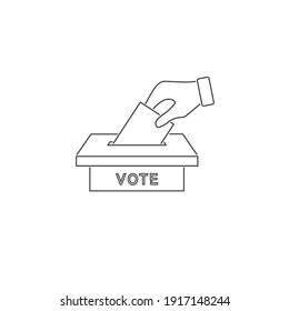 Flat hand putting vote bulletin into ballot box line icon. Election concept sign